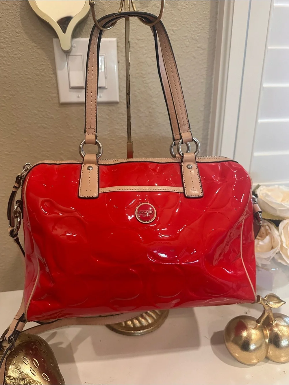 Coach Glossy Patent Cherry Satchel in Red with Tan Handles